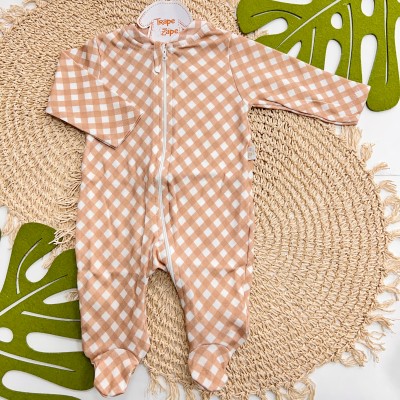 Macacão de Malha com Abertura em Zíper Xadrez - Off White e Bege